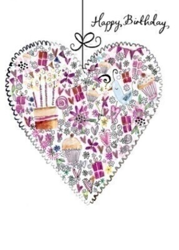 Birthday Hanging Heart Greetings Card by Paper Rose This Birthday greetings card from Paper Rose shows a hanging heart of birthday inspired items such as cupcakes presents bunting hearts and flowers with Happy Birthday written on the front. The card is perfect to send to someone celebrating a birthday and it has Wishing You a Wonderful Birthday written on the inside. Comes complete with a pink envelope.